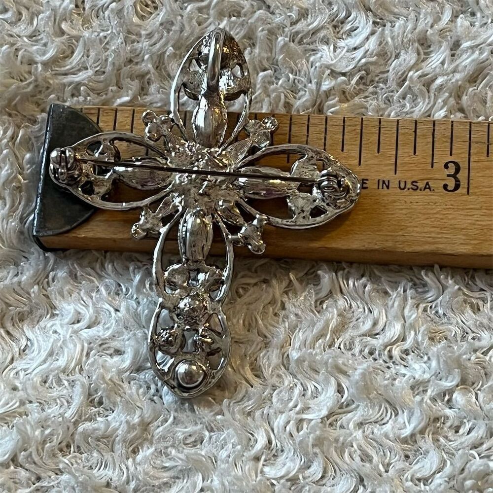 Vintage Rhinestone Cross Pendant/Brooch Sterling Silver Religious Pin/Necklace - Picture 5 of 6